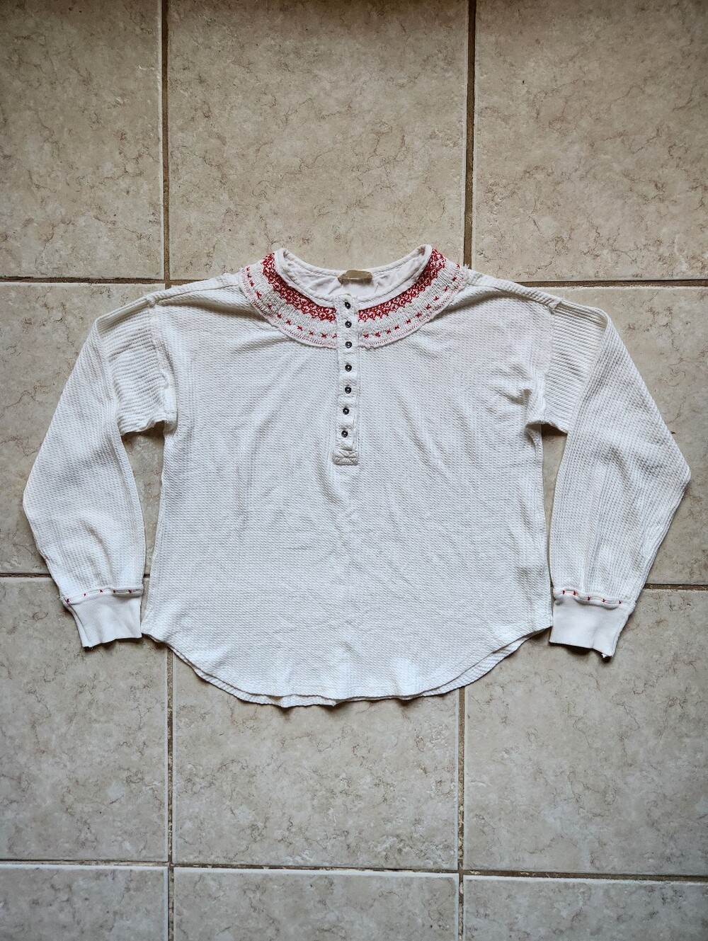 We The Free Free People Waffle Henley Top Thermal L Ivory Red Embroidered